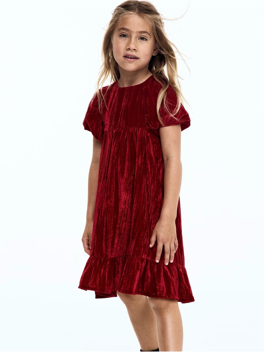 H&M Girls Crimson Velvet Ruffle-Hem Dress